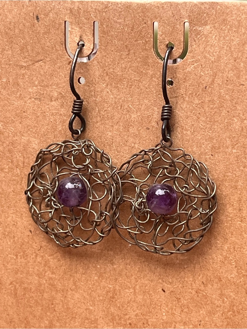 Handmade Wire Nest Earrings with Purple Stone Accent